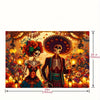 A decorative banner featuring two sugar skull skeletons with vibrant flowers and festive elements for Day of the Dead celebra