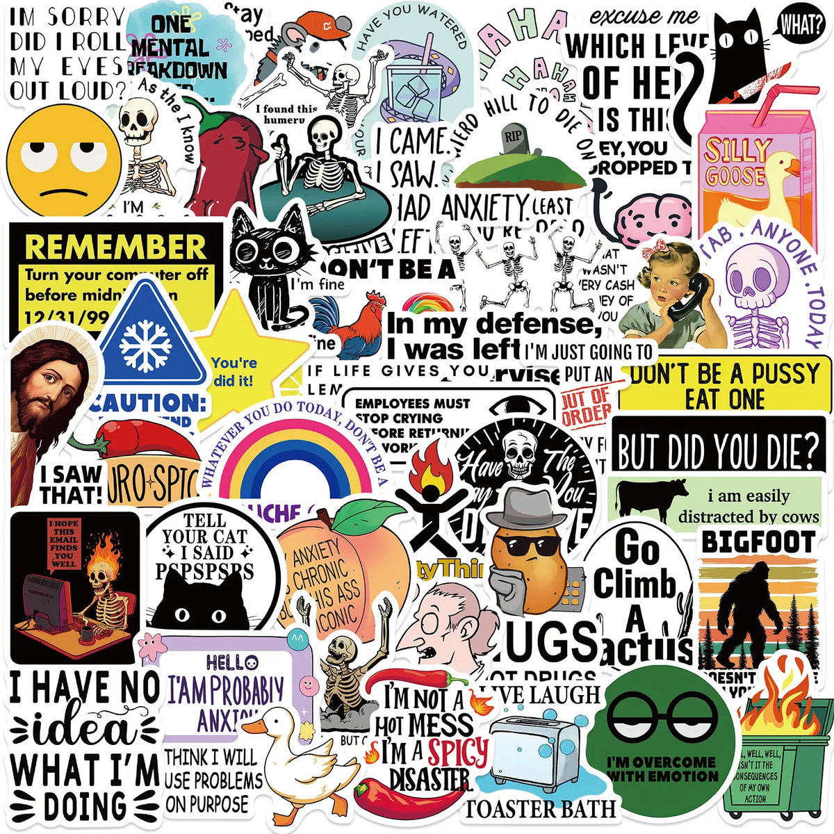 A collection of funny and snarky meme designs featuring various humorous text and cartoon characters.