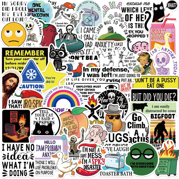 A collection of funny and snarky meme designs featuring various humorous text and cartoon characters.