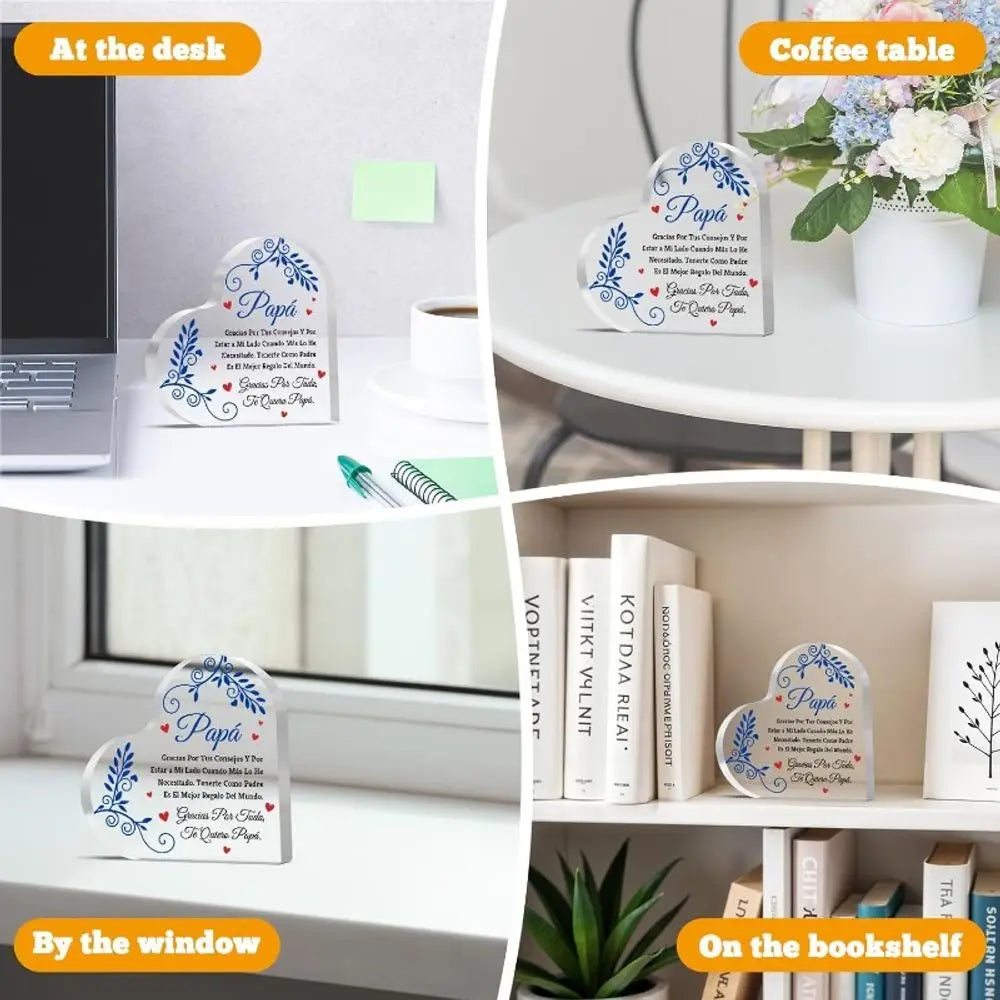 Personalized acrylic heart plaque for Father's Day displayed on a desk and coffee table.
