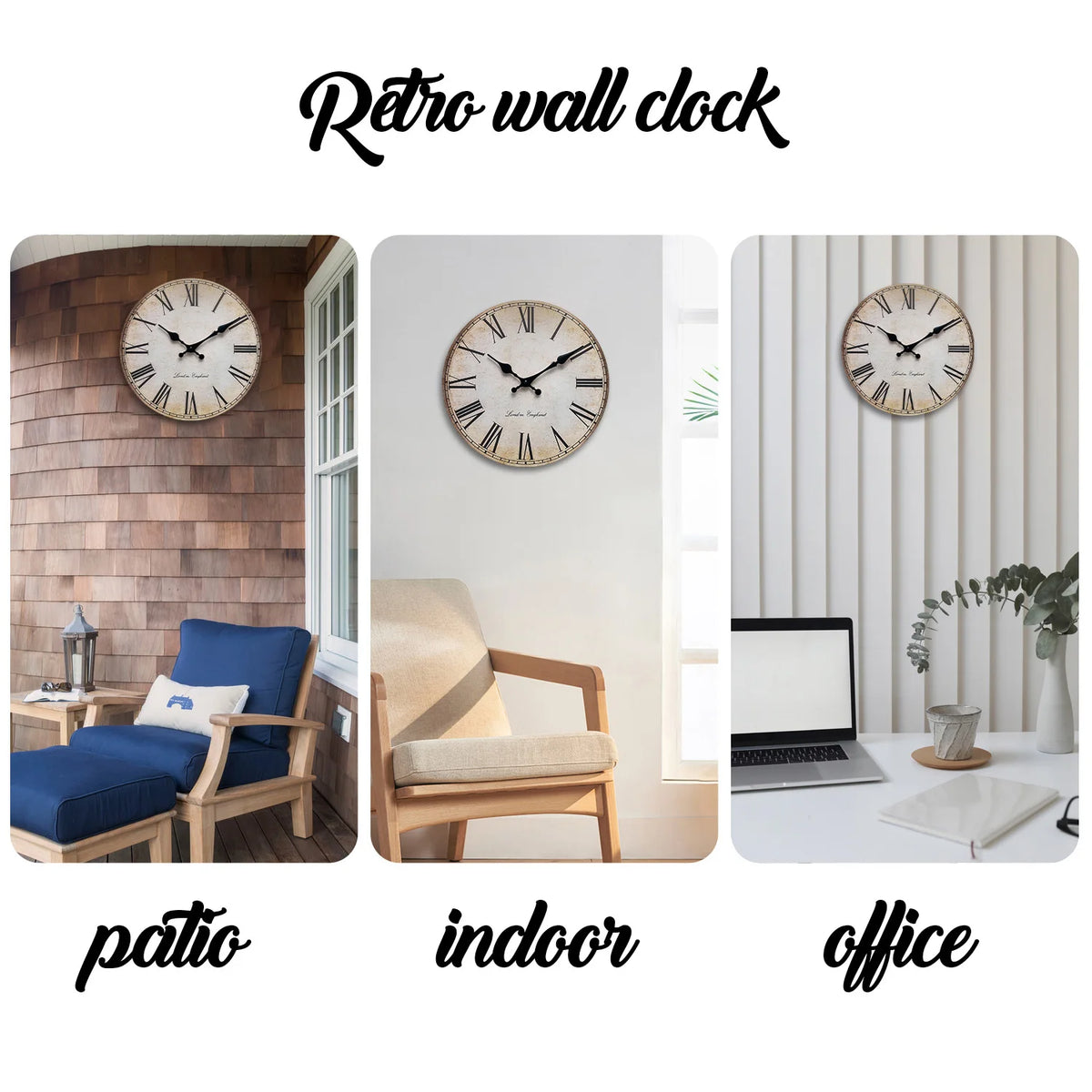 A retro wall clock with Roman numerals and a wooden frame is displayed in various indoor and outdoor settings.
