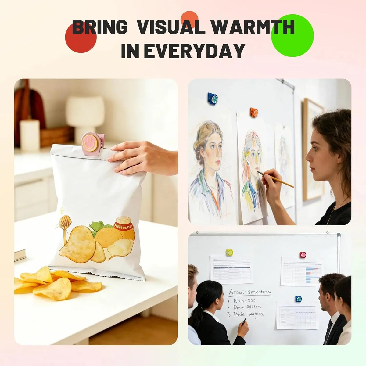 A collage showing colorful magnetic clips used for decorating a fridge and whiteboard.