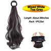 A long, dark gray hair extension featuring mixed white and tea grey highlights, packaged as a single piece.
