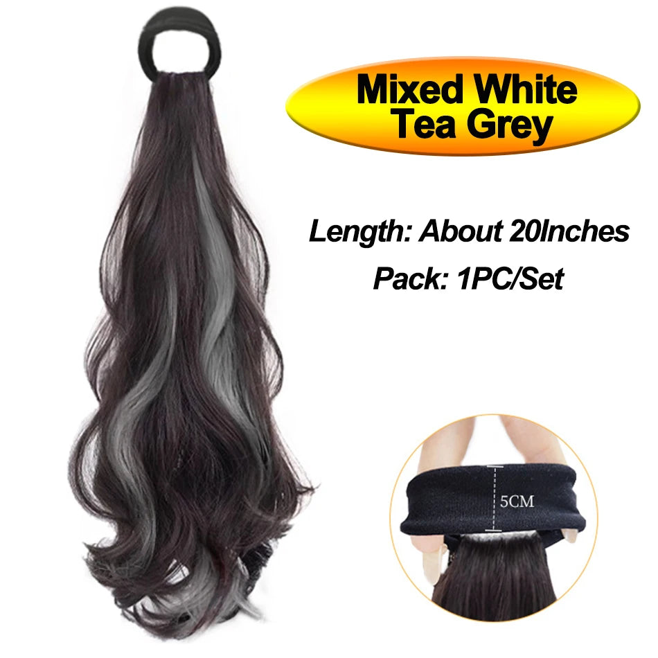 A long, dark gray hair extension featuring mixed white and tea grey highlights, packaged as a single piece.