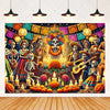 A vibrant Day of the Dead fiesta photo backdrop featuring colorful floral skull designs and traditional Mexican figures.