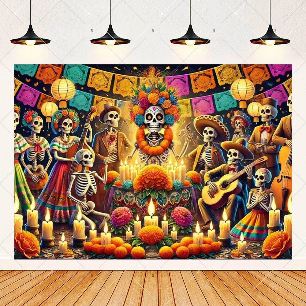 A vibrant Day of the Dead fiesta photo backdrop featuring colorful floral skull designs and traditional Mexican figures.