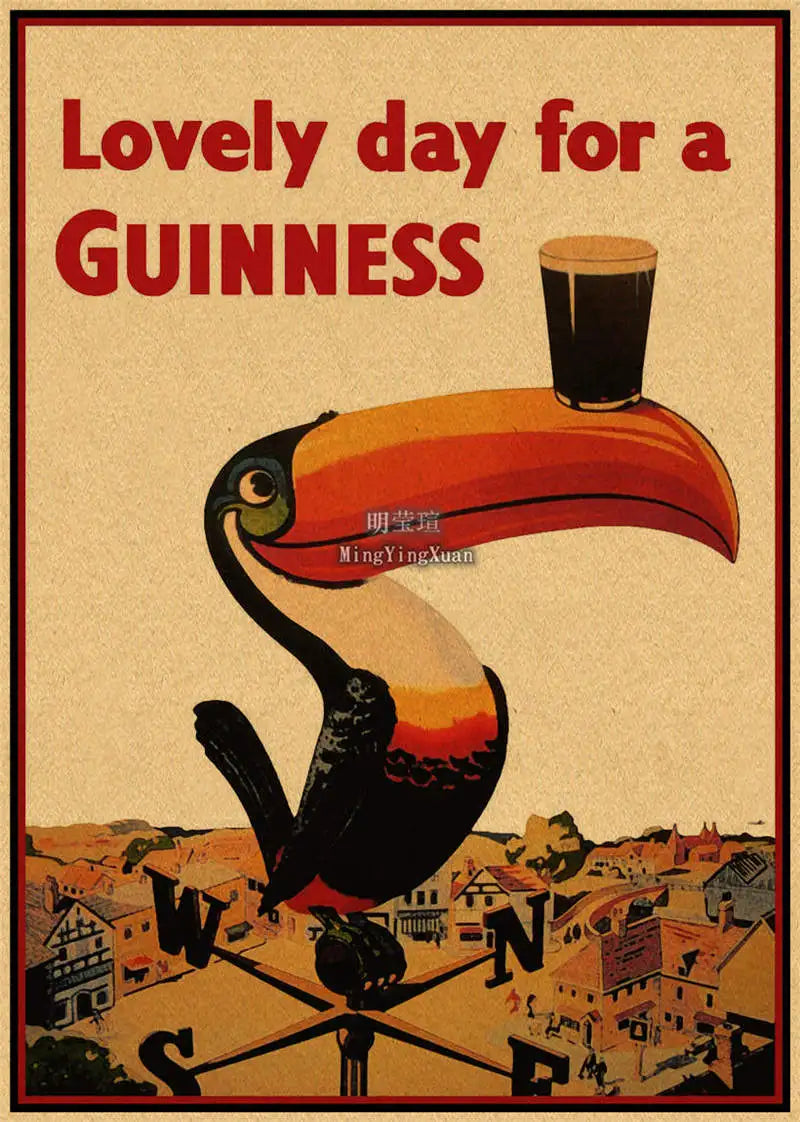 A vintage-style poster featuring a toucan against a warm background with the text Lovely day for a GUINNESS.