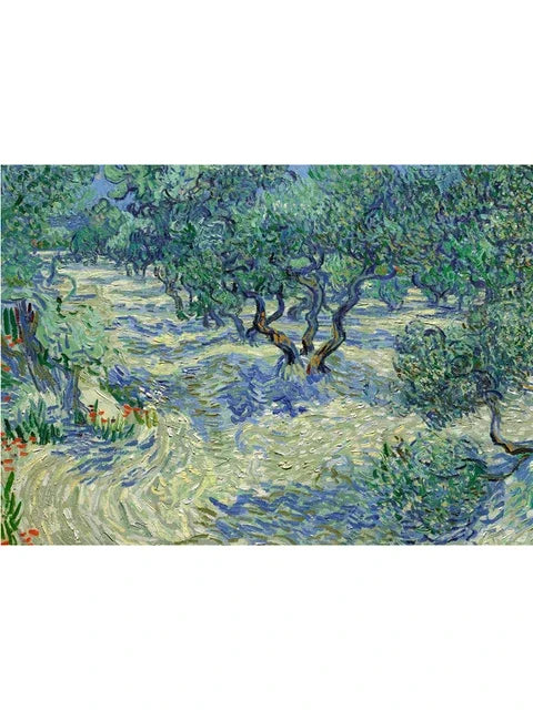 An oil painting depicting a sunlit, overgrown landscape with trees and winding paths.