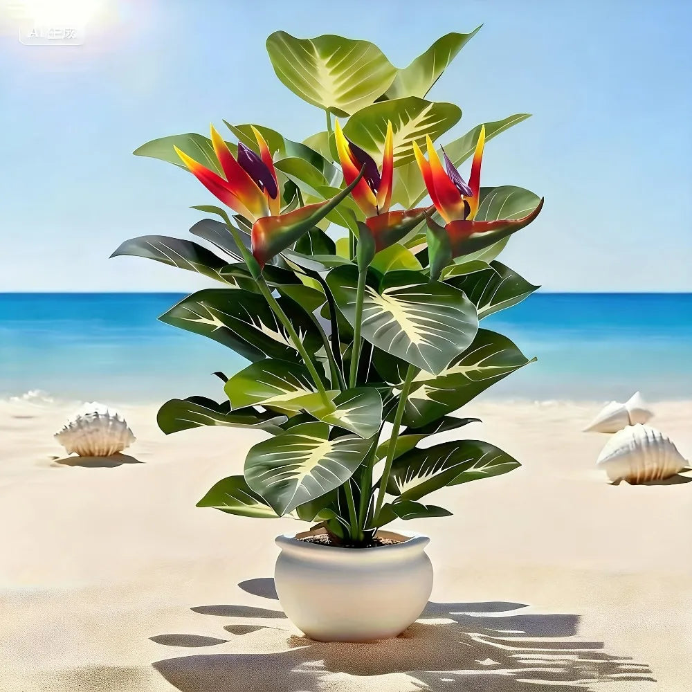 A vibrant artificial Bird of Paradise and Pothos plant in a white pot set against a bright blue ocean background.