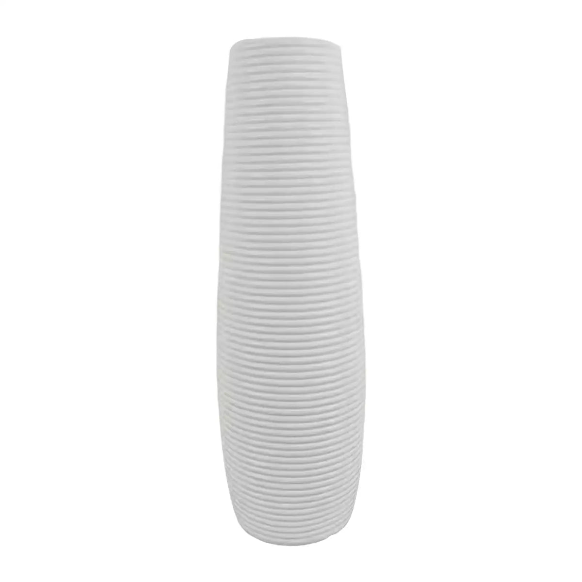 A tall, white, ribbed floor vase for rustic home decor.