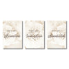 Three framed Islamic calligraphy prints featuring Bismilah, InshaAllah, and Alhamdulillah on soft floral backgrounds