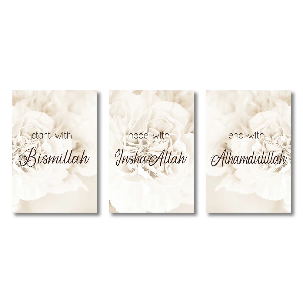 Three framed Islamic calligraphy prints featuring Bismilah, InshaAllah, and Alhamdulillah on soft floral backgrounds