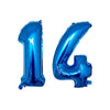 Two blue helium foil number balloons shaped like 1 and 4