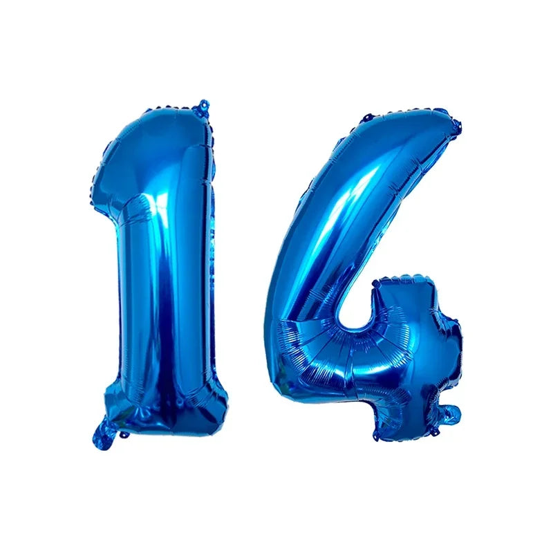 Two blue helium foil number balloons shaped like 1 and 4