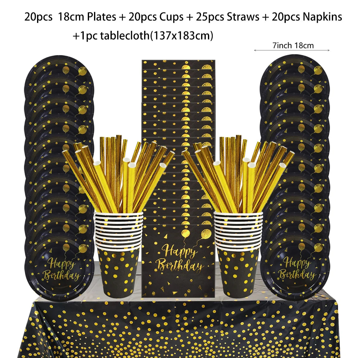 A set of black and gold disposable dinnerware including plates, cups, straws, and napkins displayed on a table.