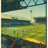 A poster featuring a football stadium scene with spectators and a goal, titled Portsmouth FC and Fratton Park.