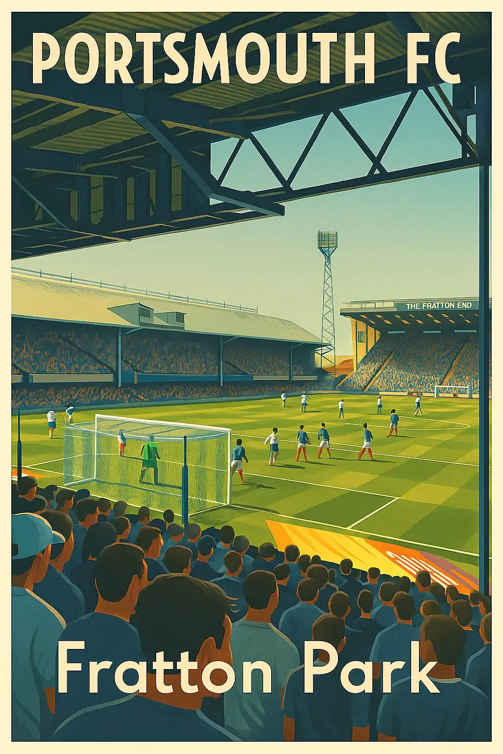 A poster featuring a football stadium scene with spectators and a goal, titled Portsmouth FC and Fratton Park.