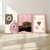 A set of three framed canvas wall art pieces featuring leopard print, pink tones, and the word STYLE.