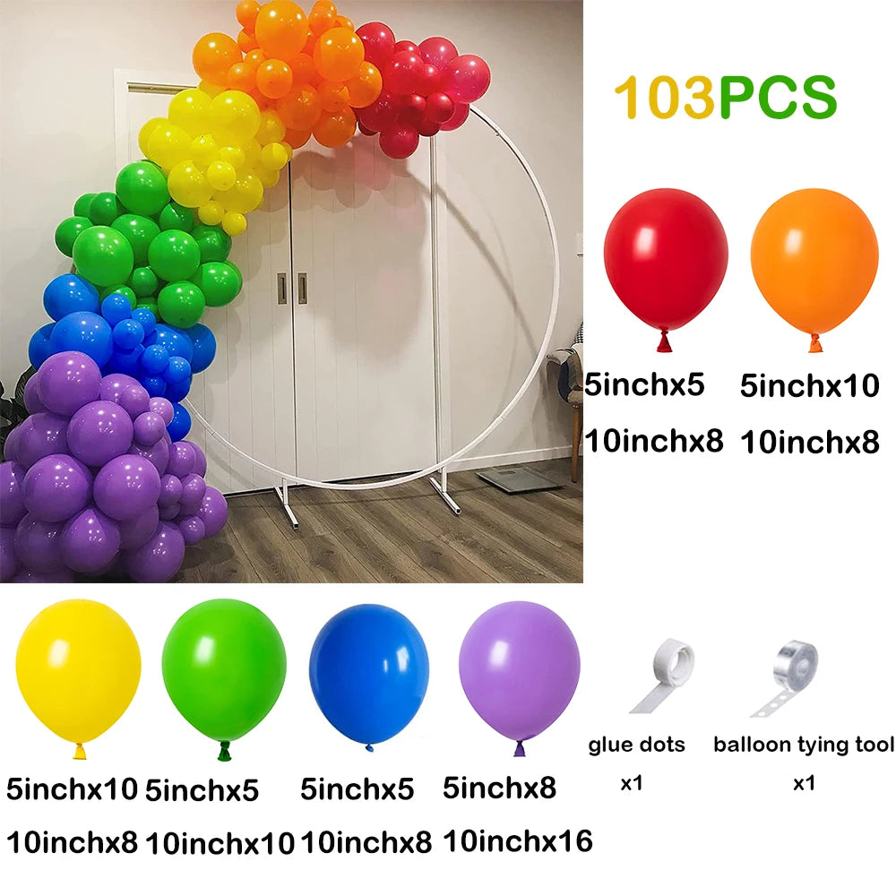 A set of 103 balloons in various colors forming an arch garland with star foil accents and tools.