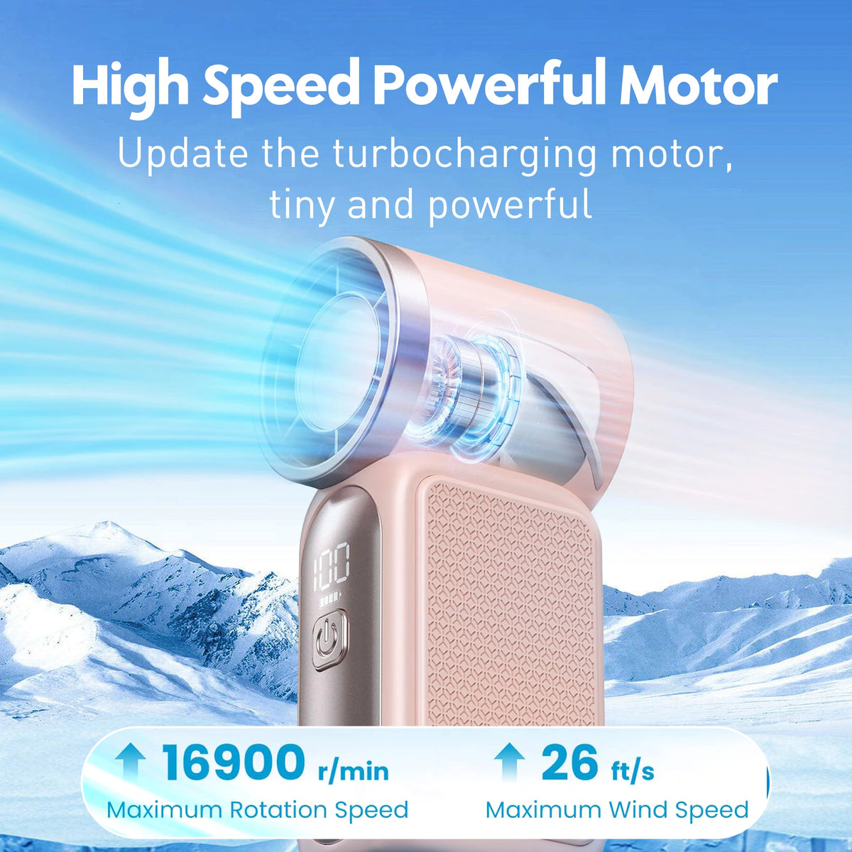 A pink portable handheld cooling fan is shown with text indicating a high-speed motor and performance specifications.