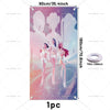 Anime demon hunters party backdrop featuring two female figures in pink and white outfits against a purple background