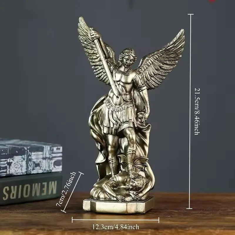 Bronzed Saint Michael Archangel resin figurine with outstretched wings and a staff