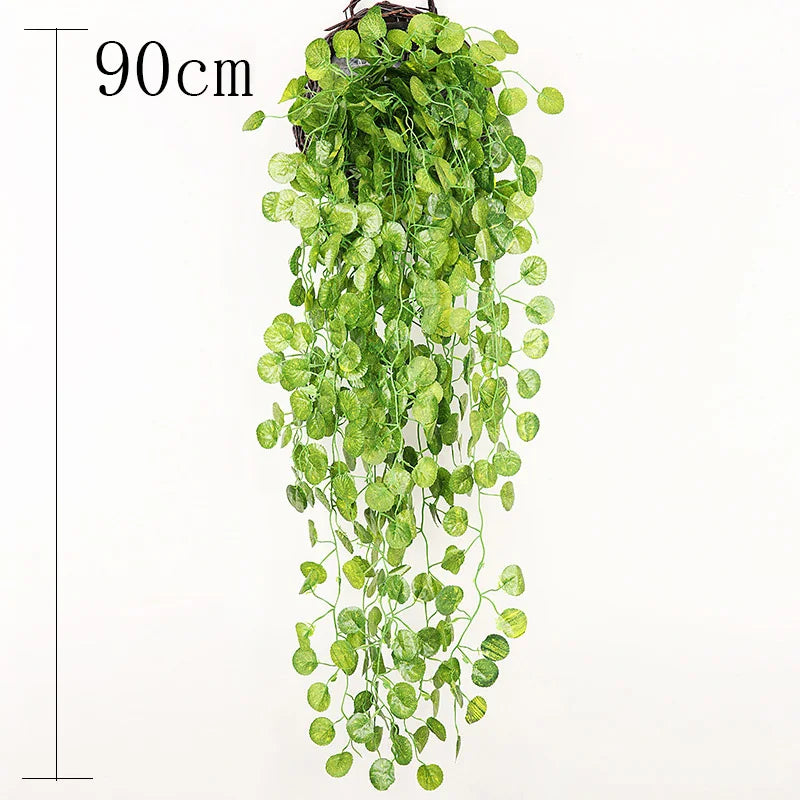 A long, cascading artificial plant vine wall hanging with bright green leaves.