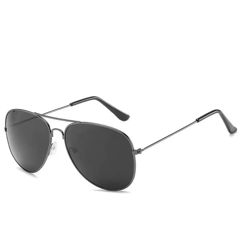 A pair of black sunglasses with thin metal arms and dark lenses.