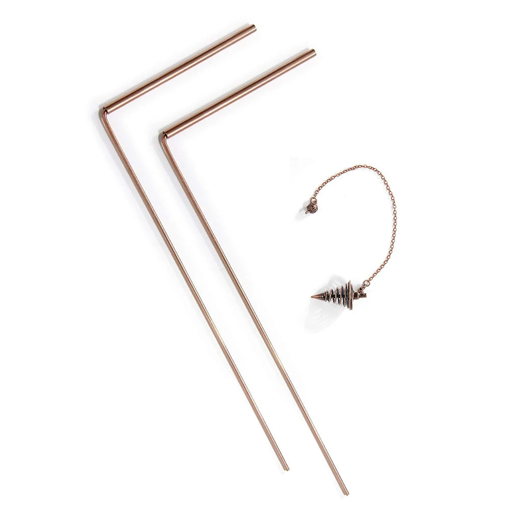 Un ensemble de fines tiges de divination en cuivre et une délicate chaîne en or avec un petit pendentif.