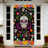 A vibrant Dia de los Muertos sugar skull door cover featuring colorful skulls and papel picado designs.