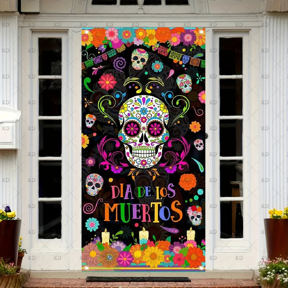 A vibrant Dia de los Muertos sugar skull door cover featuring colorful skulls and papel picado designs.