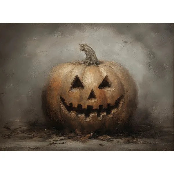 A carved pumpkin face with a menacing grin is featured on a dark, moody canvas print.
