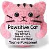 A pink fluffy cat plush toy with black stripes and large eyes.