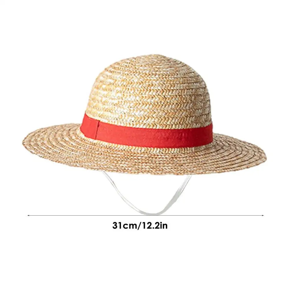 Straw hat with a woven straw crown and a red band for cosplay or sun protection