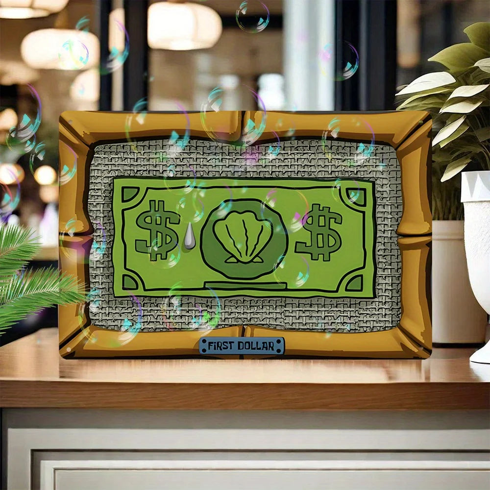 A vintage metal sign with a green dollar bill design and a textured border sits on a wooden surface.