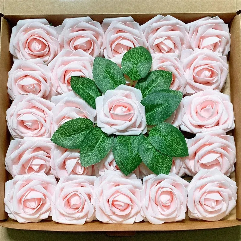A box filled with pink and white lifelike foam roses for wedding and home décor.