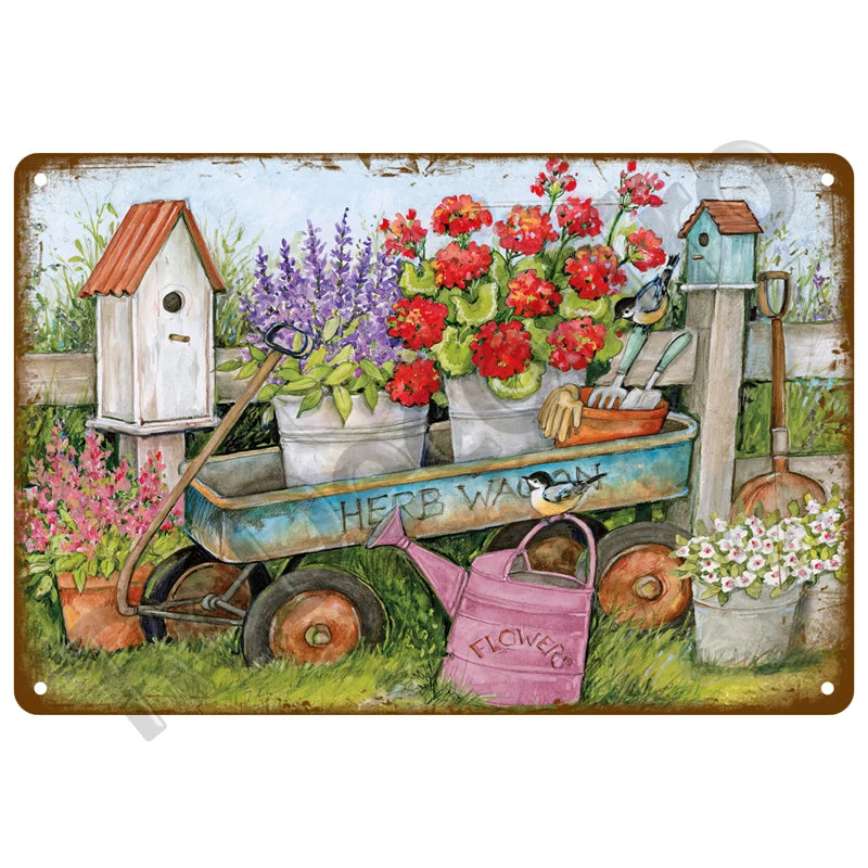 A vintage metal tin sign depicting a garden scene with potted flowers, a wooden birdhouse, and gardening tools.