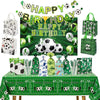 A green soccer birthday banner surrounded by various green and black gift bags and soccer balls.