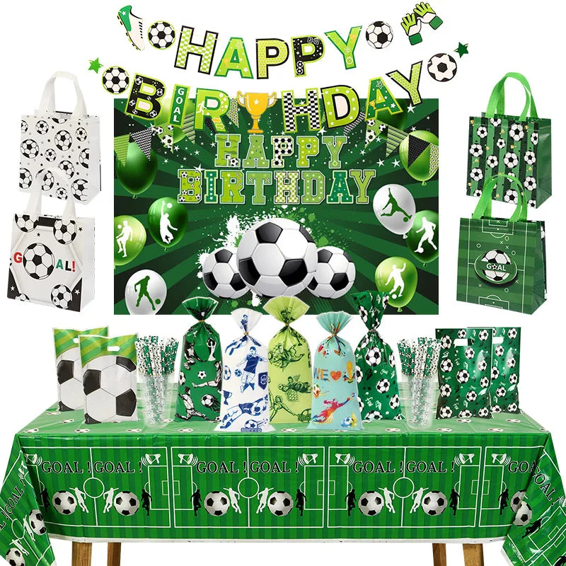 A green soccer birthday banner surrounded by various green and black gift bags and soccer balls.