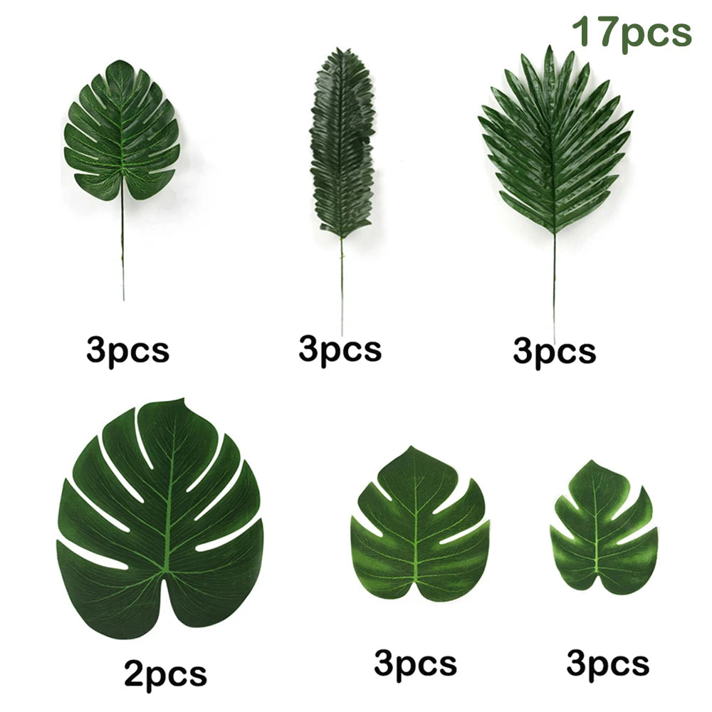 Various sizes of artificial tropical palm leaves in green, including 2, 3, and 17 pieces.