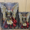 A metal sign featuring angels flanking a depiction of the Virgin Mary and Jesus Christ.