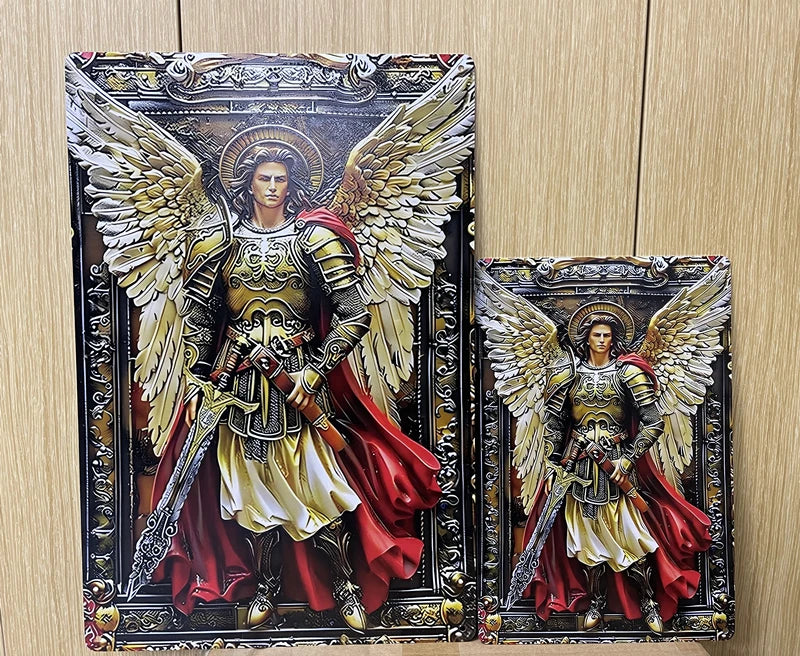 A metal sign featuring angels flanking a depiction of the Virgin Mary and Jesus Christ.