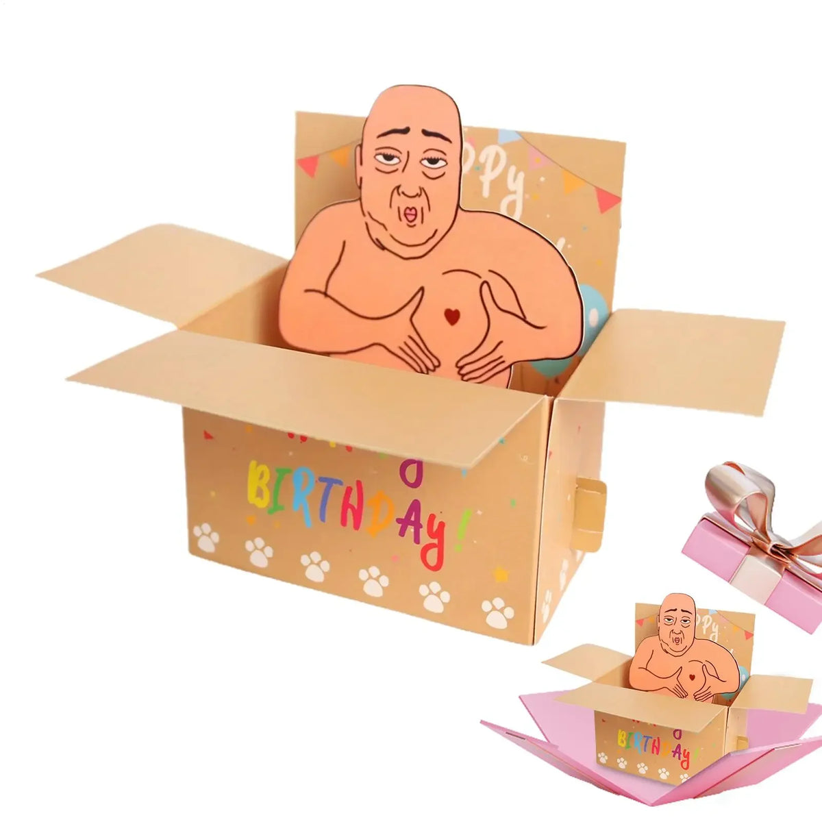 A humorous 3D pop-up birthday card featuring a surprised face, heart balloons, and confetti inside a cardboard box.
