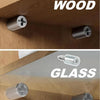 Close-up view of heavy-duty steel shelf pins with self-tapping screws used for mounting wood and glass shelves.
