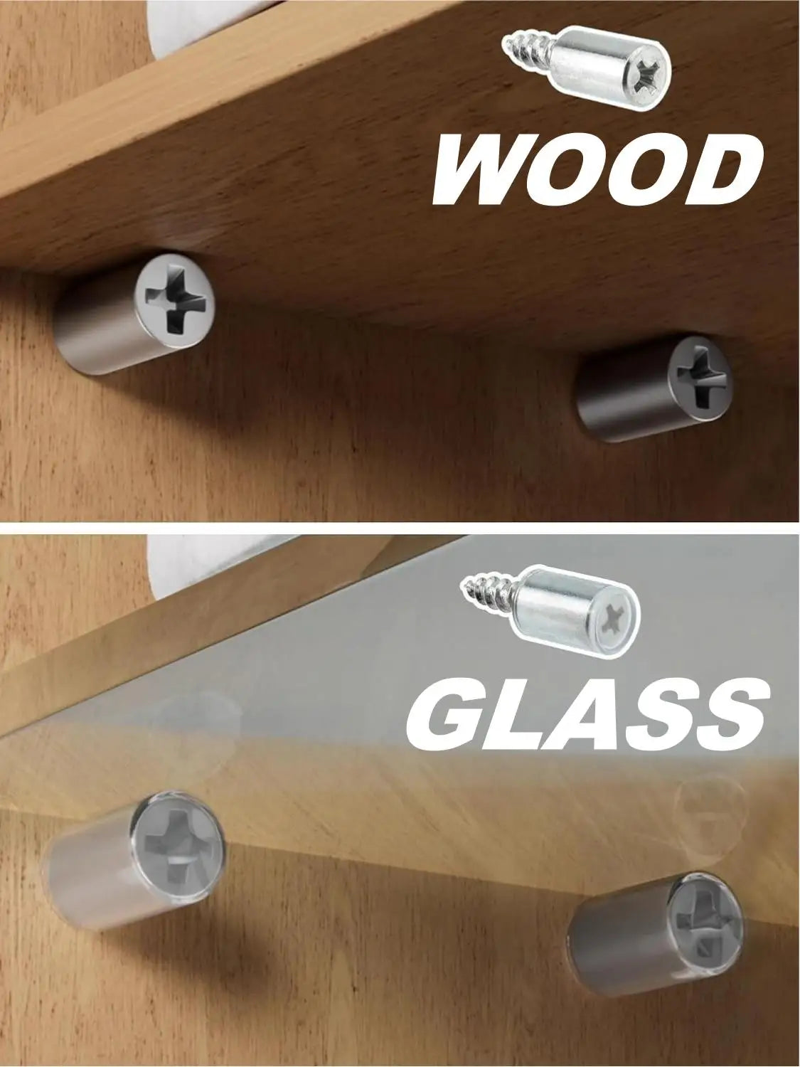 Close-up view of heavy-duty steel shelf pins with self-tapping screws used for mounting wood and glass shelves.