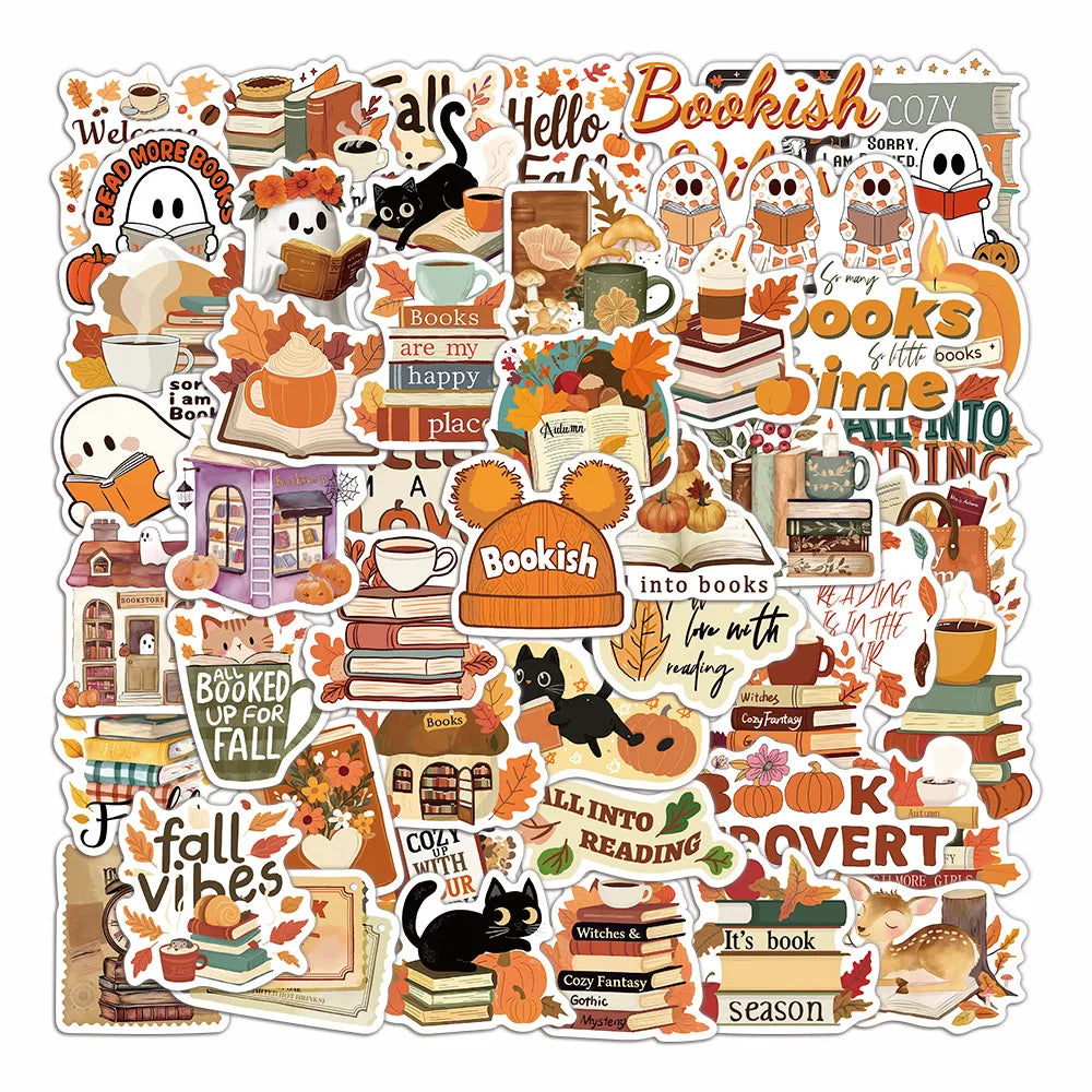 A sticker pack featuring cute ghost and book designs with autumn themes like leaves, pumpkins, and cozy imagery.