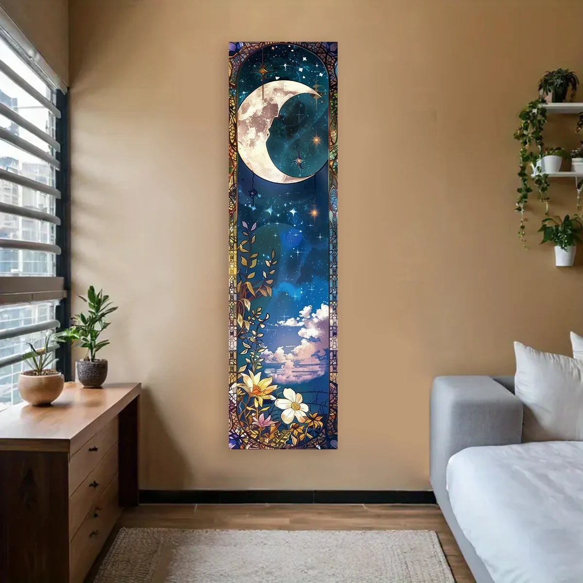A vertical tapestry wall hanging featuring a crescent moon and starry night sky in shades of blue, purple, and gold.