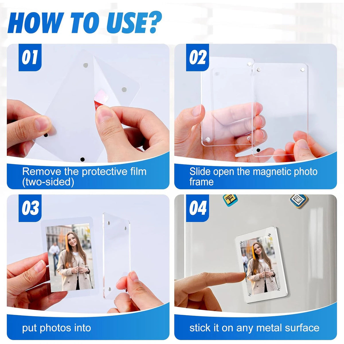 Instructions showing how to use clear acrylic magnetic photo frames to display photos on a metal surface.