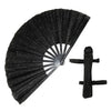 Black glitter holographic hand fan with a black handle