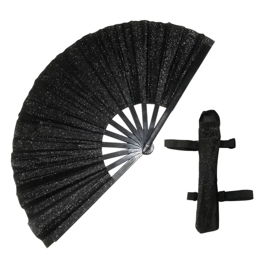 Black glitter holographic hand fan with a black handle